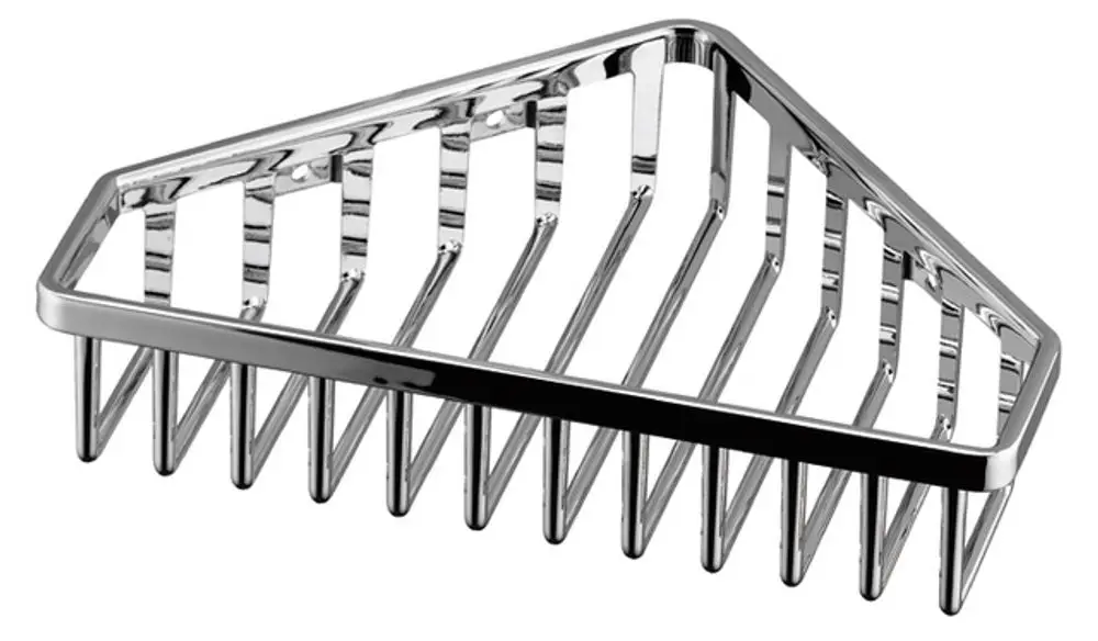 Verchromter Eckschwammkorb von Keuco, mit mehreren parallel angeordneten Stäben für die Aufbewahrung in Badezimmern. Ergonomisches Design zur Nutzung in Ecken.